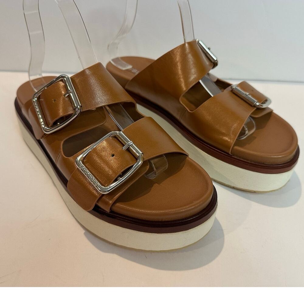 J/Slides Bowie Leather Platform Slide Sandals Women's 9 Whiskey Brown DBL Buckle